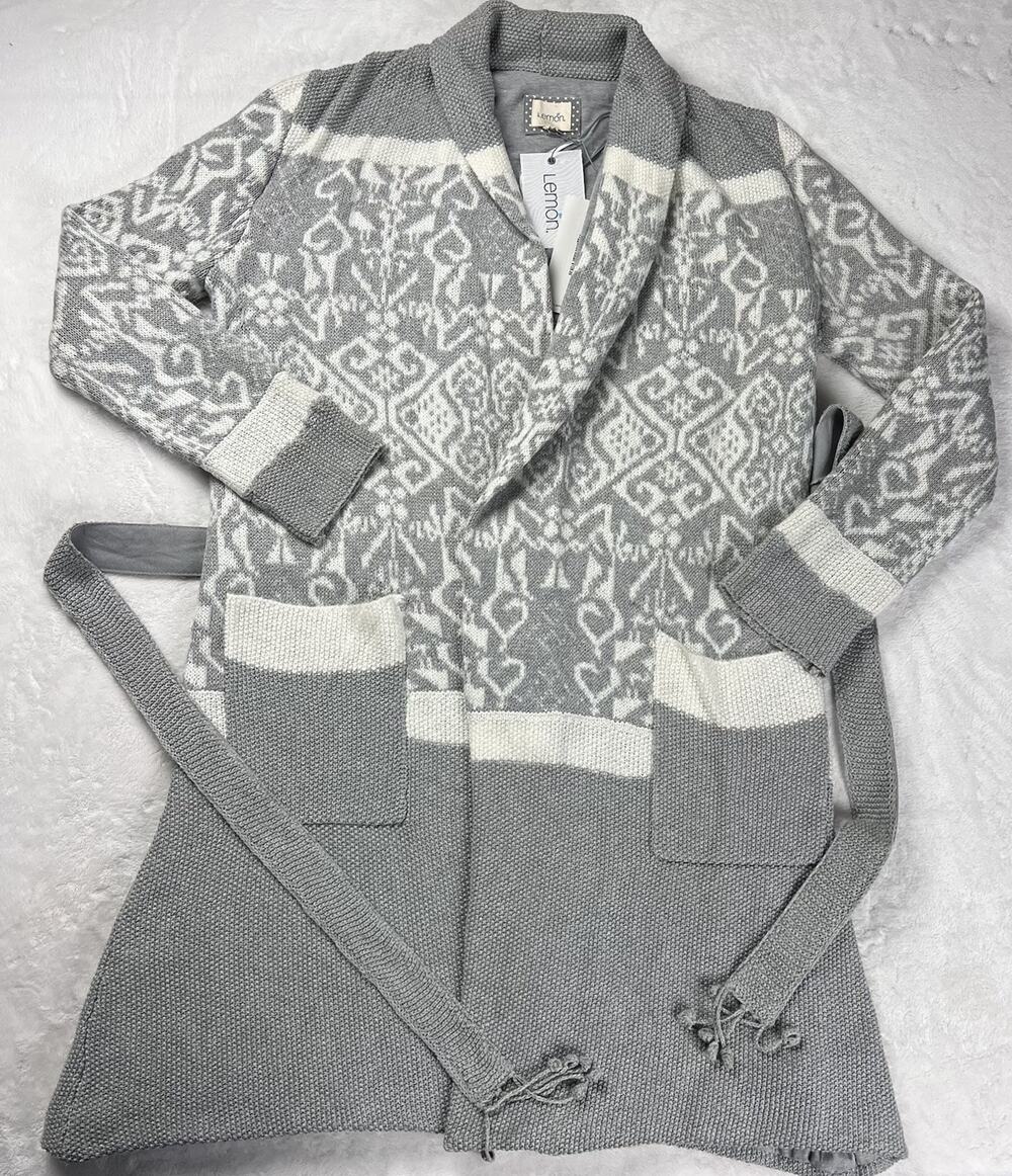 Lemon Brand Gray & White Lined Belted Long Cardigan Sweater Women's Small/Medium